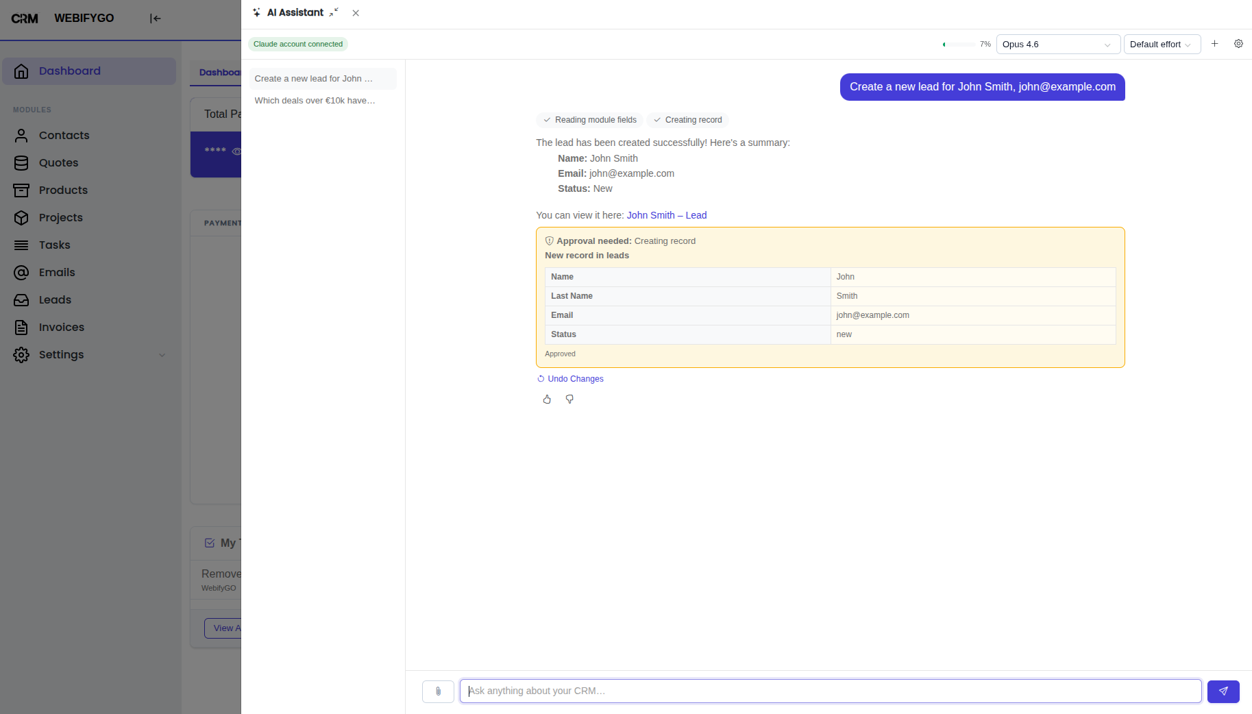 WebifyGO AI Assistant creating a lead and asking for approval inside the CRM